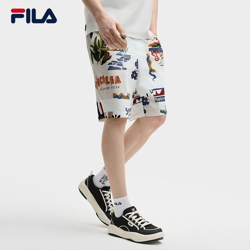 FILA 斐乐官方男士梭织五分裤2025夏季新款满印舒适防晒休闲短裤 - 图0