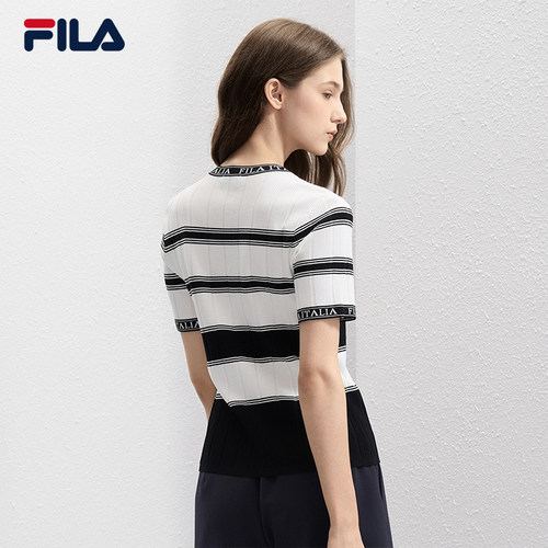 FILA 斐乐官方女子编织衫2024秋季新款时尚休闲撞色条纹短袖上衣 - 图1