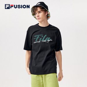 FILA FUSION潮牌男子针织短袖T恤衫夏季新款时尚logo圆领宽松T恤