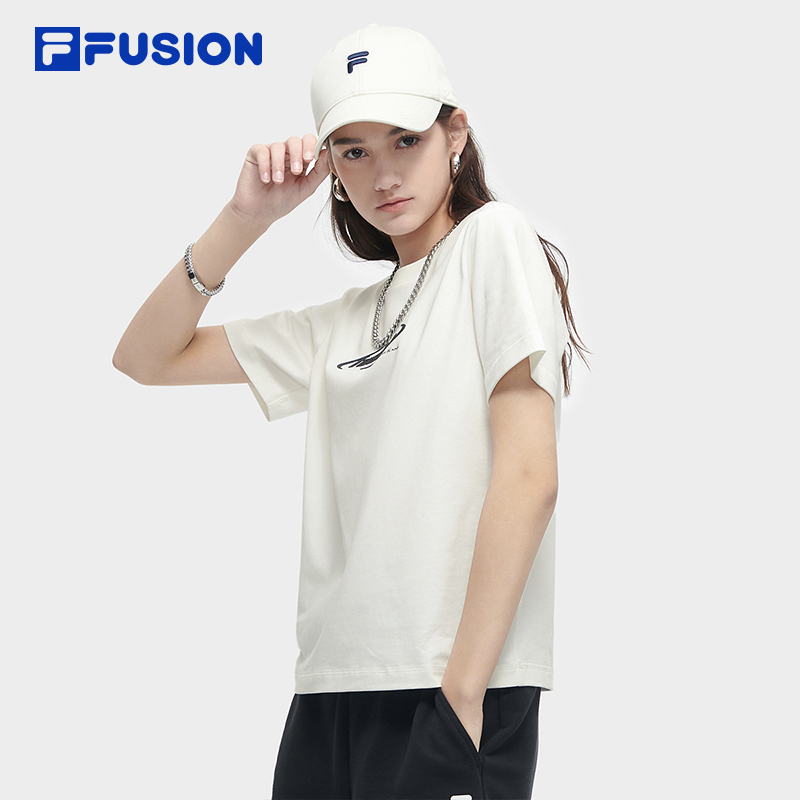 FILA FUSION斐乐潮牌女子针织短袖衫2024夏季新款时尚休闲纯棉T恤 - 图1