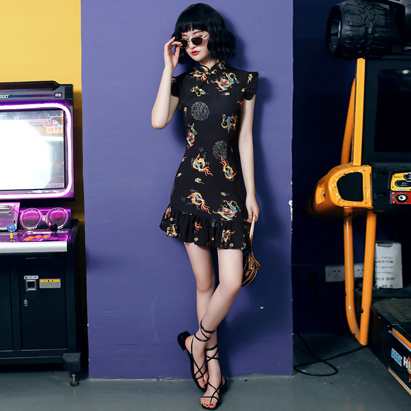 黑色年轻款少女小个子中国风夏旗袍 甜蜜佳衣旗袍