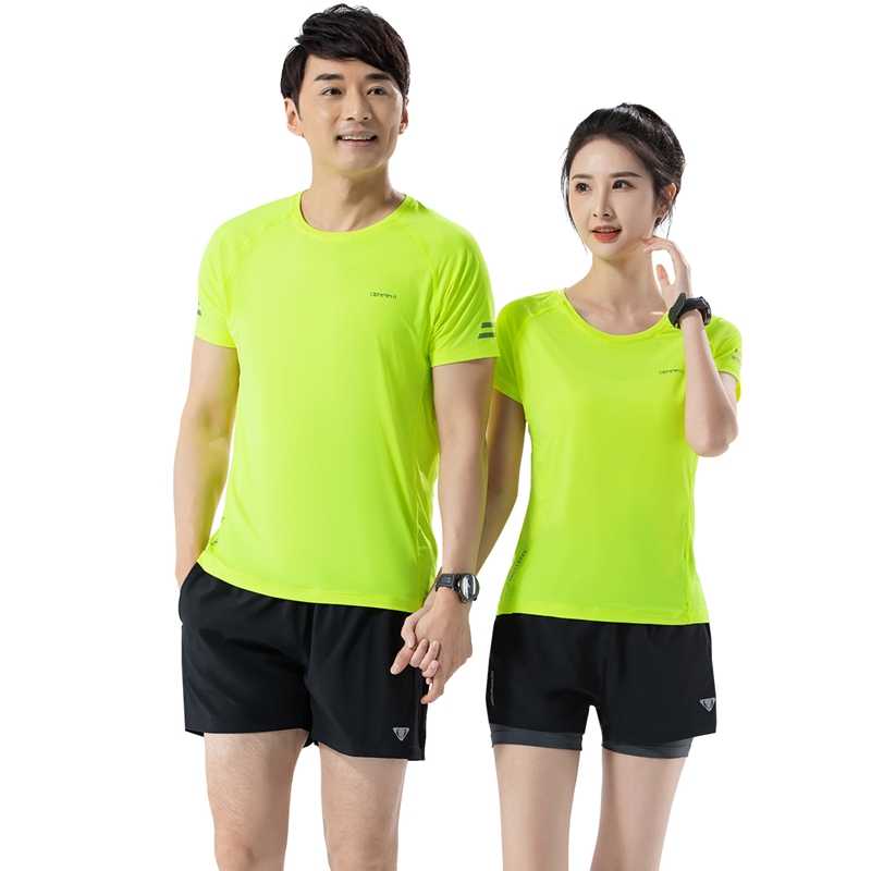休闲男女同款冰丝运动短袖T恤夏季荧光绿跑步上衣定制印夜跑反光 - 图3