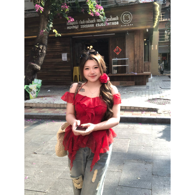 Annie Buhuo ເສື້ອຍືດແຂນເສັ້ນດຽວ ruffled chiffon ເທິງແມ່ຍິງ 2025 summer ໃຫມ່ໄຂມັນເລັກນ້ອຍ chiffon polka dot ຂະຫນາດໃຫຍ່