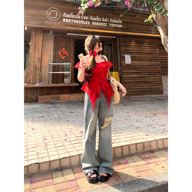 Annie Buhuo ເສື້ອຍືດແຂນເສັ້ນດຽວ ruffled chiffon ເທິງແມ່ຍິງ 2025 summer ໃຫມ່ໄຂມັນເລັກນ້ອຍ chiffon polka dot ຂະຫນາດໃຫຍ່
