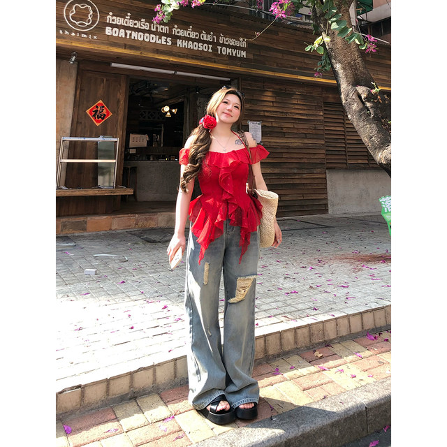 Annie Buhuo ເສື້ອຍືດແຂນເສັ້ນດຽວ ruffled chiffon ເທິງແມ່ຍິງ 2025 summer ໃຫມ່ໄຂມັນເລັກນ້ອຍ chiffon polka dot ຂະຫນາດໃຫຍ່