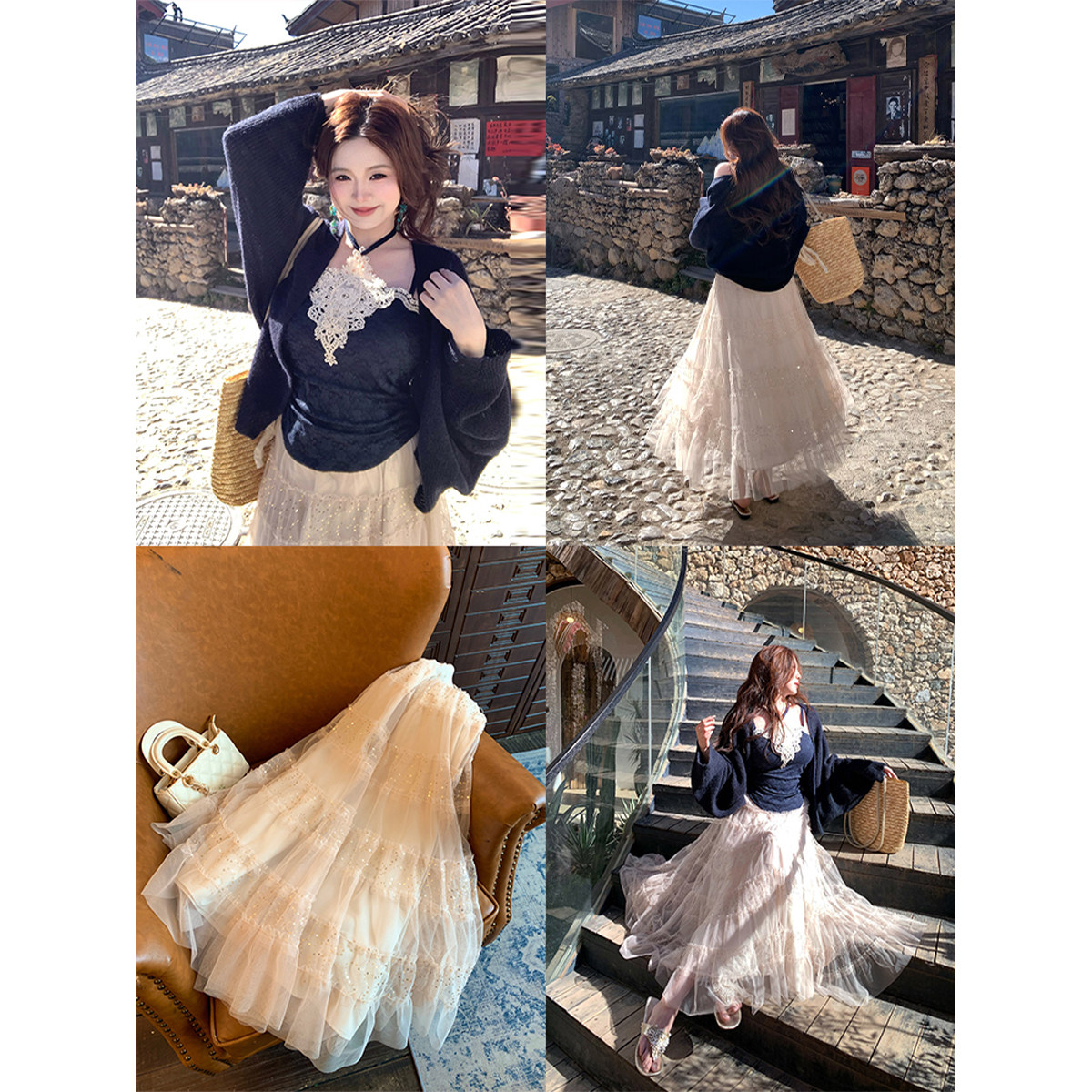 安妮不火 提花蕾丝吊带+网纱亮片半裙套组微胖大码渡假风三件套装,淘宝优惠券,粉丝福利购,淘宝优惠卷