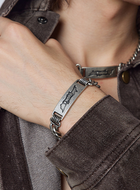 GUUKA潮牌不锈钢合金情侣手链做旧 时尚个性字母牌古巴链新款手饰