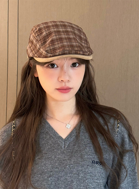 丁走走日系氛围感复古格子前进帽女秋冬百搭显脸小英伦贝雷帽子潮