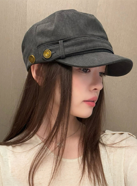 丁走走复古工装风纽扣平顶鸭舌帽马术帽日系百搭显脸小报童帽子女
