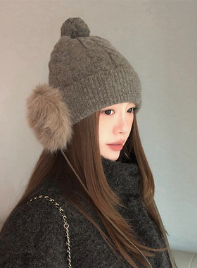 丁走走带耳包针织帽女子冬季保暖显脸小百搭毛线帽护耳毛绒雷锋帽