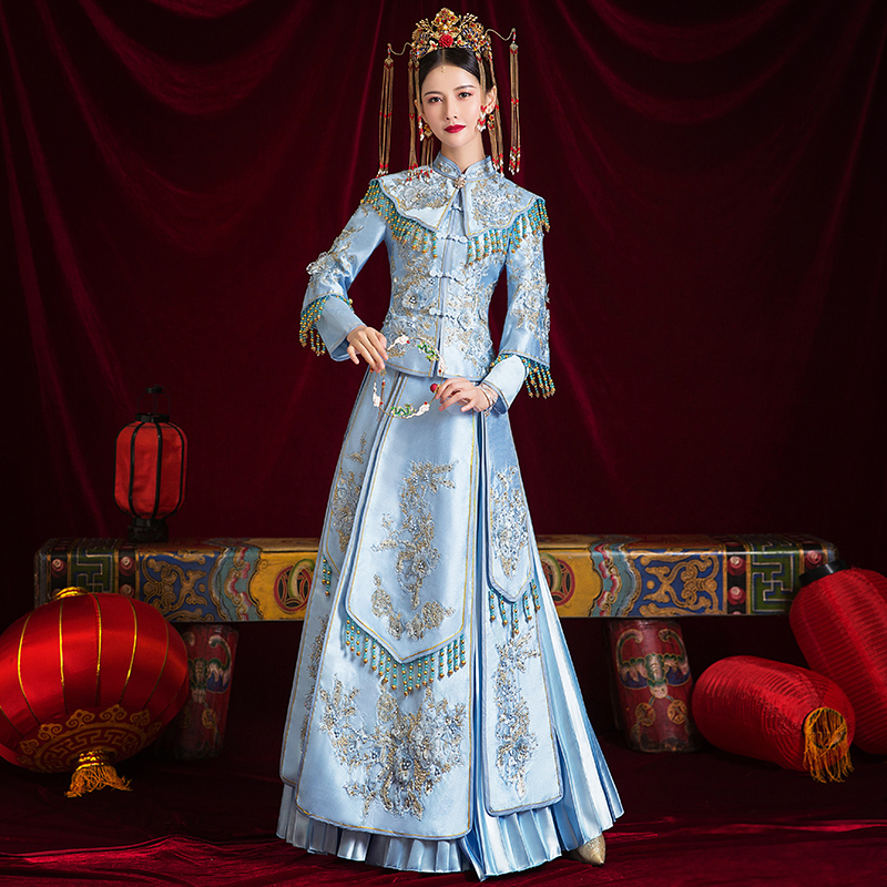 小微的夏天服饰旗舰店蓝色秀禾服新娘新款中式婚纱结婚礼服古装嫁衣出阁服秀禾婚服1