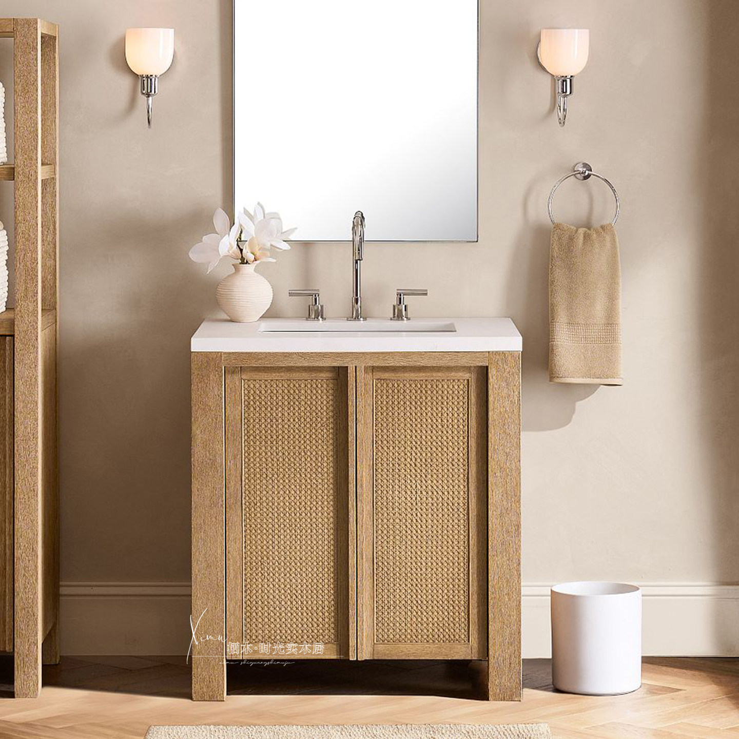 北欧复古实木浴室柜浴室中古风藤编洗手台卫生间现代简约洗手盆柜,淘宝优惠券,粉丝福利购,淘宝优惠卷