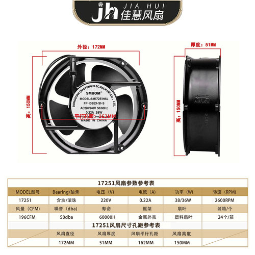 17251铜芯220V 380V轴流风机17cm散热排风扇17250 FP-108EX-S1-B - 图3