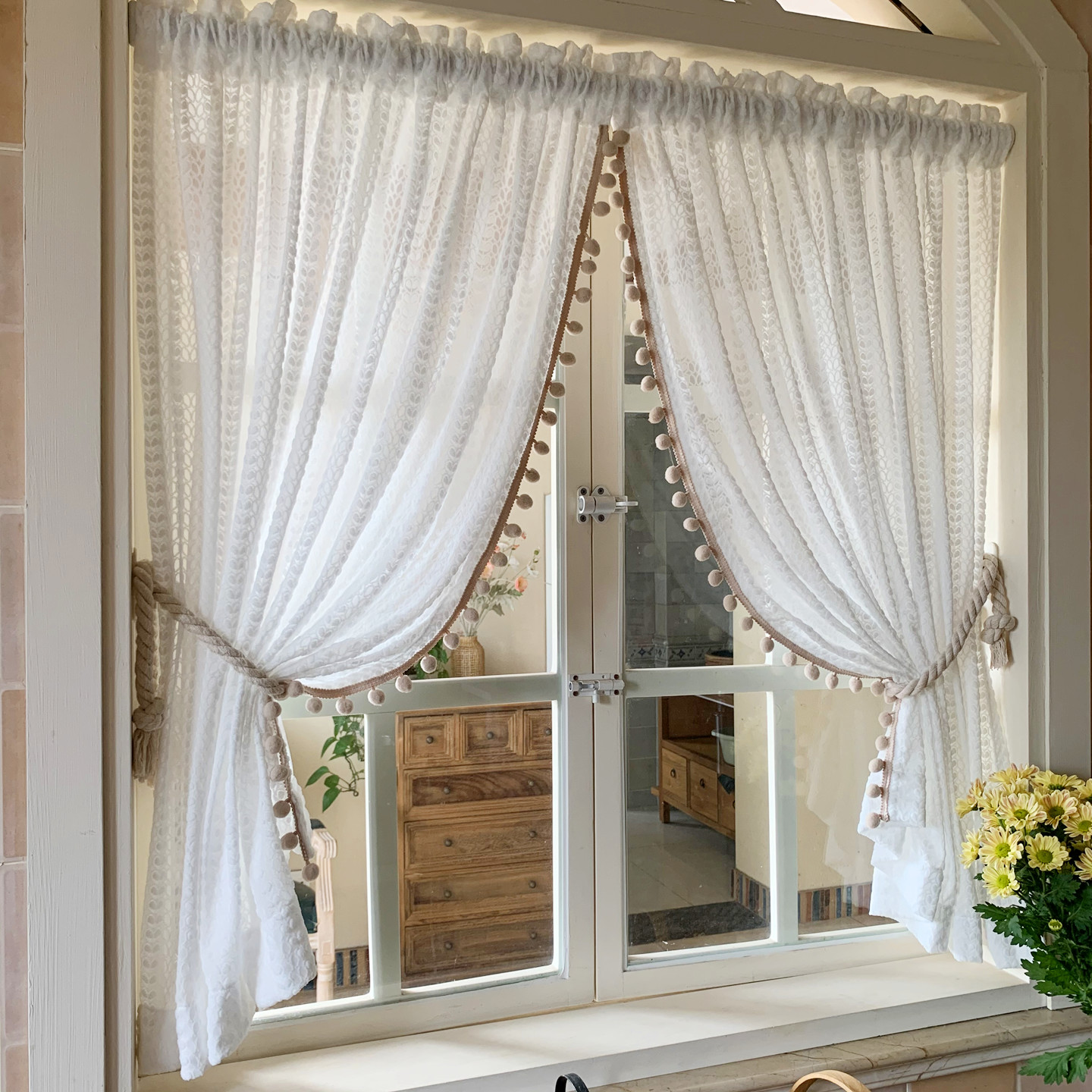 Buy one and get one free cream gauze curtain and get a strap