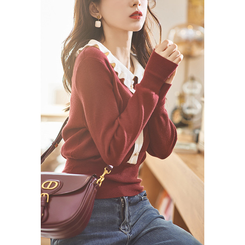 谜秀法式短款polo翻领内搭修身毛衣 谜秀毛衣