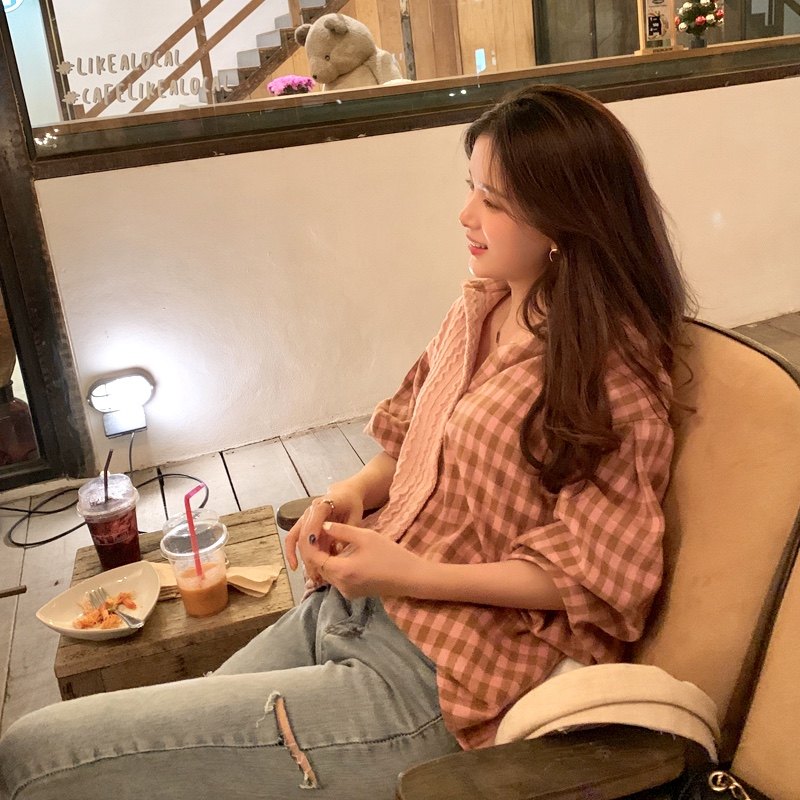 格子女2020秋装新款韩版少女衬衫 谜秀衬衫