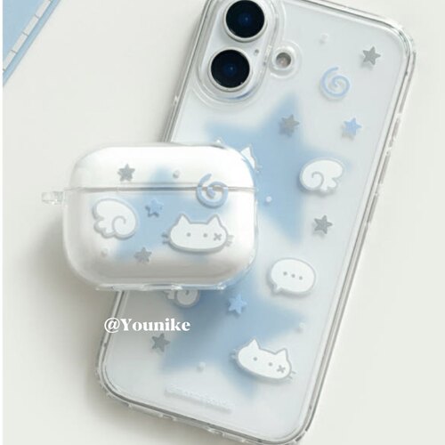 韩系ins风可爱蓝星星小猫简约治愈猫咪适用airpods4保护套airpodspro2苹果耳机套airpods3/2防摔airpods pro3 - 图2