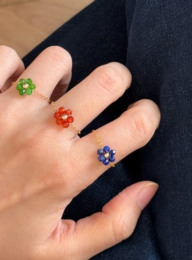 天然玛瑙青金石14k包金可调戒指