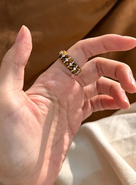 复古天然虎眼石锆石隔片戒指