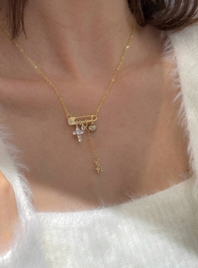 复古甜美星芒十字架流苏锁骨链