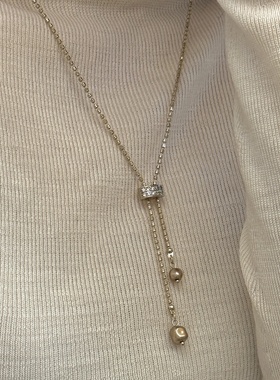 异彩可抽拉双珠锆石珍珠毛衣链