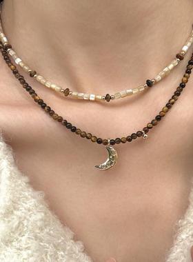 新中式虎眼石月亮吊坠项链