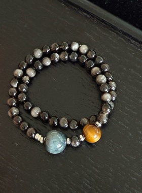 S925银国风天然银曜石双圈手串