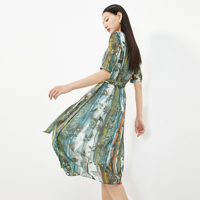 Narsi V-neck chiffon printed dress summer commuter ສິ້ນສະໄຕລ໌ລີສອດ