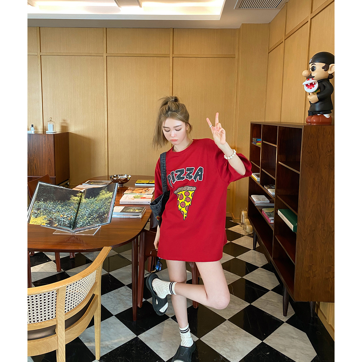 THEOPENDM 短袖印花t恤女夏中长款韩系oversize宽松显瘦遮肉上衣