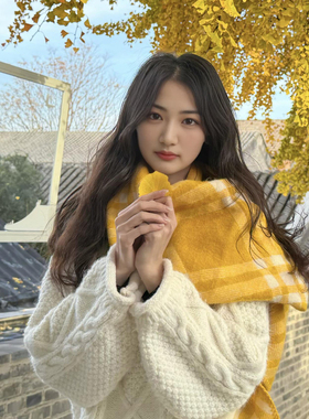 黄色围脖出行拍照条纹格纹围巾女款2025新款冬加厚保暖韩版氛围感