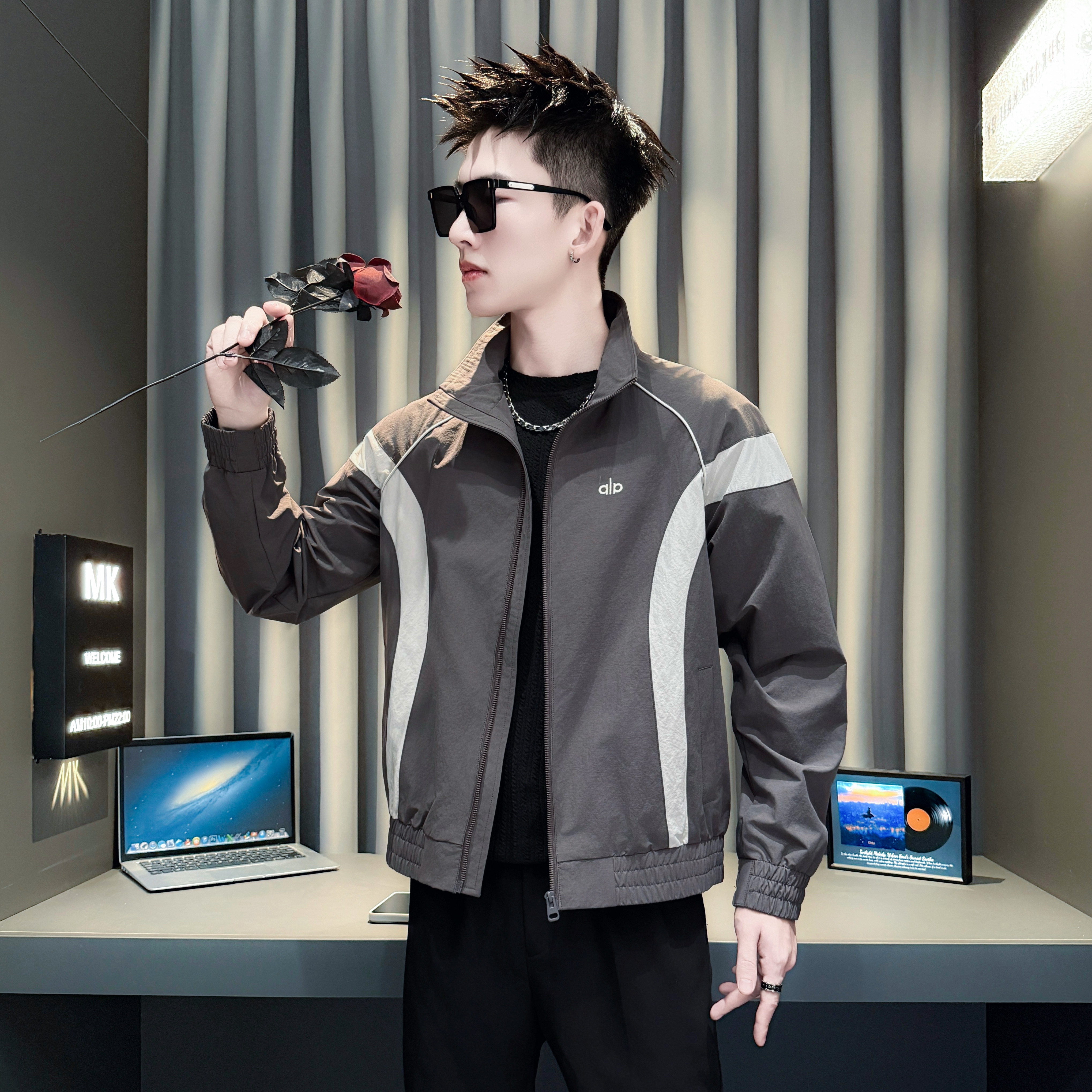 小码男装春秋季立领拉链夹克男矮个子XS码S号修身复古拼接外套160 - 图1