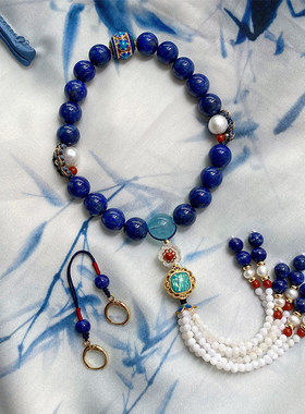 原创天然青金石南红珍珠流苏十八子女饰品压襟旗袍挂宫廷风手链