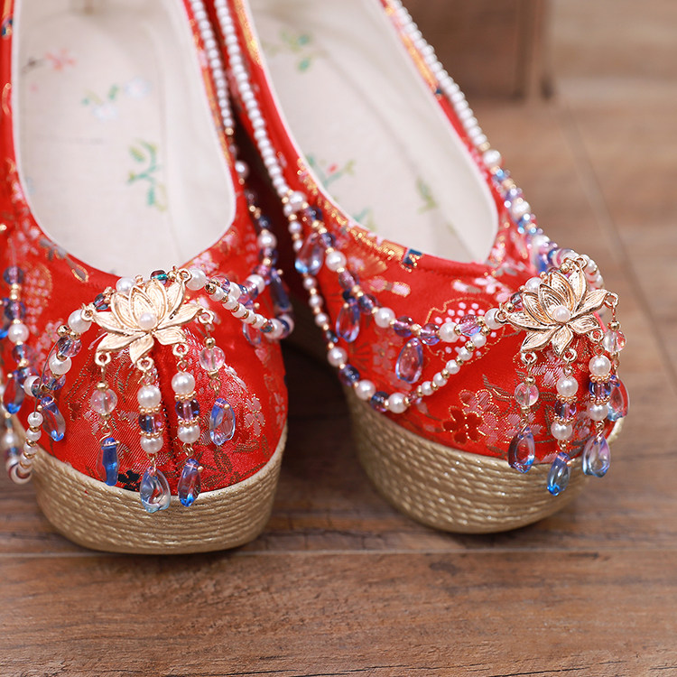 中式古典婚鞋秀禾服结婚绣花鞋古风翘头汉服女鞋子高跟红色新娘鞋,淘宝优惠券,粉丝福利购,淘宝优惠卷