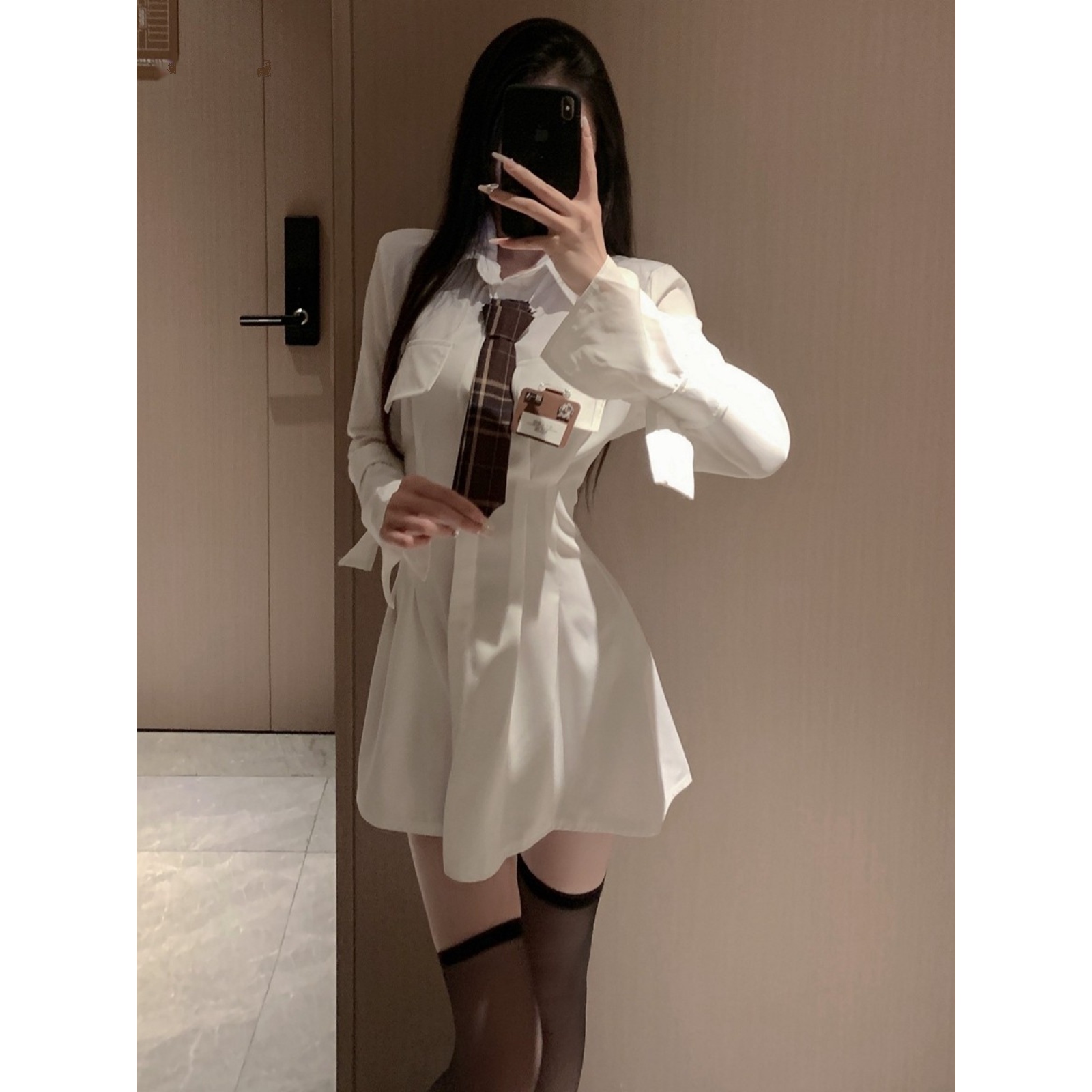 学院风甜酷辣妹长袖衬衫连衣裙女性感纯欲足浴技师学生JK制服套装 - 图0