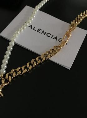 原创设计风古巴珍珠别针锁骨链