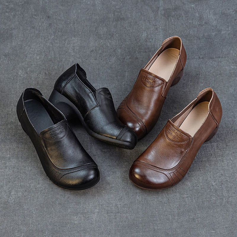 头层牛皮中跟女单鞋秋季新一脚蹬深口简约气质百搭圆头宽松妈妈鞋,淘宝优惠券,粉丝福利购,淘宝优惠卷