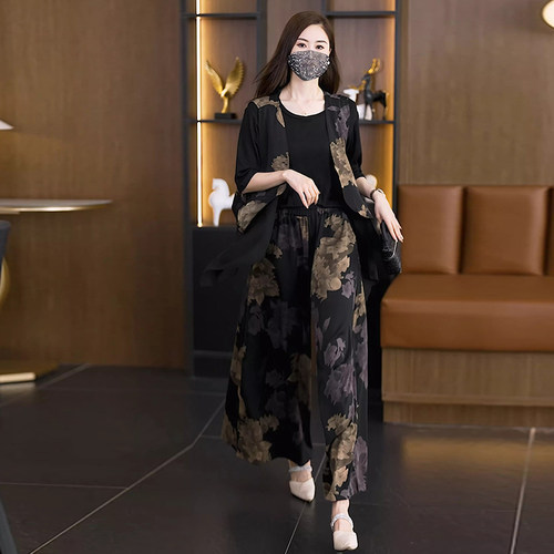 夏季大码休闲套装女2026新款高级感印花三件套职业时尚短袖马夹潮 - 图2