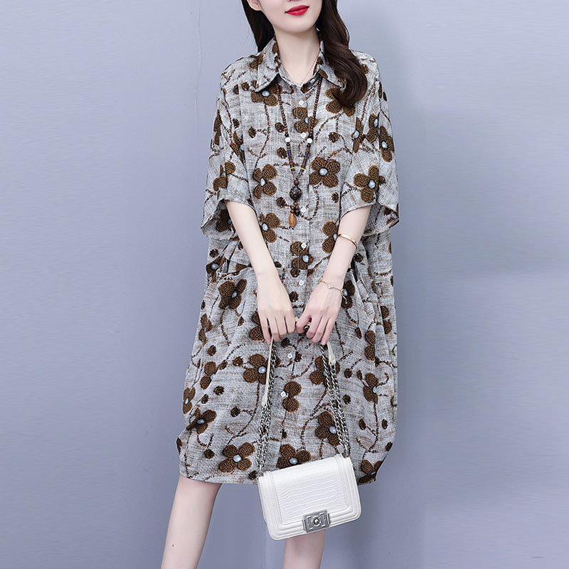 2025夏新款衬衫连衣裙胖MM韩版印花时尚宽松显瘦减龄休闲大码女装 - 图1