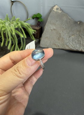 天然925银镶阿勒泰海蓝宝蓝色戒指活口597号