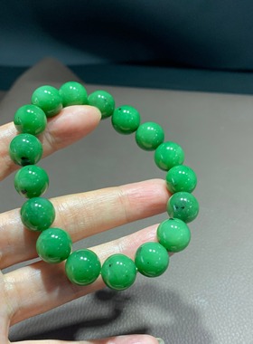 天然和田玉碧玉阳绿色手链手串少黑点12mm油性好521号