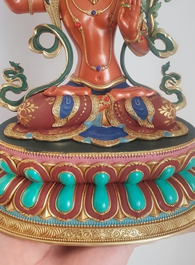 尼泊尔工艺纯铜鎏金彩绘文殊菩萨佛像家居供奉七寸精工智慧摆件