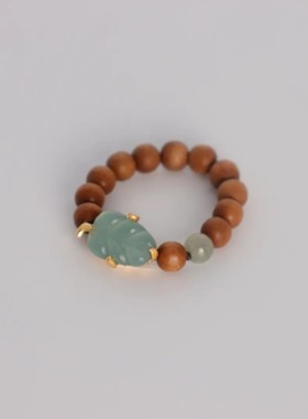 檀木戒指女老山檀小木珠指环男小众设计感玉石叶子如意翡翠手饰