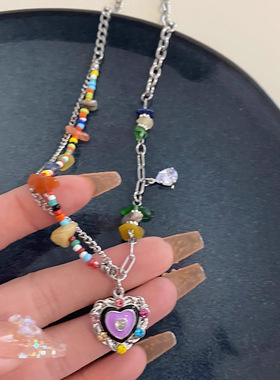 七彩石爱心滴釉项链女夏季2023年新款小众配饰网红甜酷辣妹锁骨链