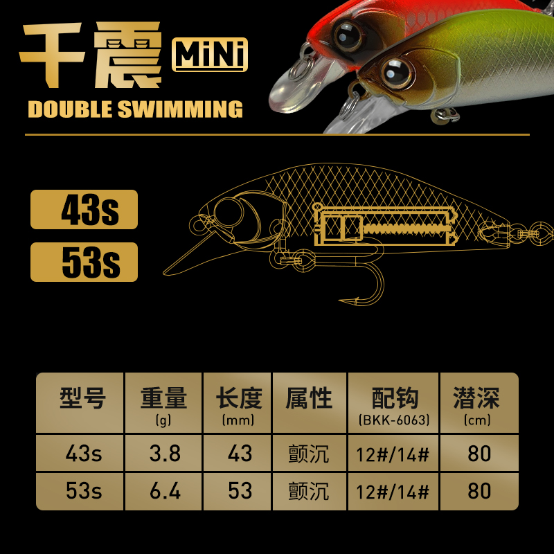 千震米诺43/53/68/80 mini微物10g颤缓沉钨钢路亚假鱼翘嘴海鲈饵 - 图1