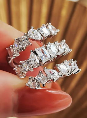 韩系冷淡风重工锆钻超闪三层食指戒指女开口网红ins指环情侣日韩