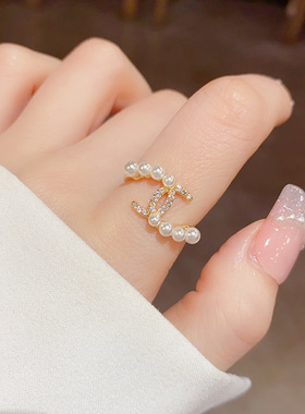 2025新款ins时尚高级感小香风珍珠锆石双C戒指个性小众设计气质百