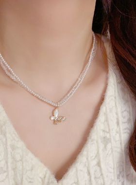 轻奢时尚高级感双层缠绕吊贝母蝴蝶项链气质温柔百搭设计感锁骨链
