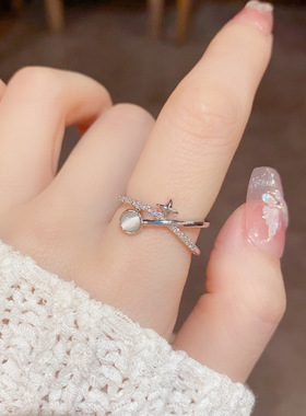 韩版高级感镶钻星星戒指女复古轻奢个性猫眼石开口指环戒手饰