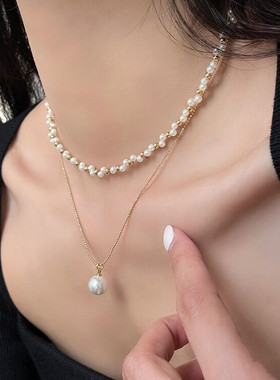 气质珍珠双层叠戴锁骨链项链轻奢小众高级感女韩国时尚网红颈链潮