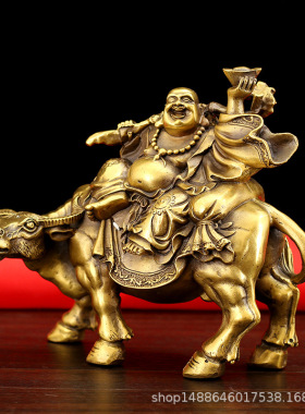 黄铜骑牛弥勒佛摆件 手拿元宝大肚弥勒佛菩萨 家居玄关供奉工艺品
